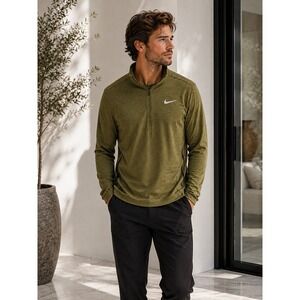 Nike Running Dri-FIT 1/4 Zip Pullover Olive Green Mens XL Thumbholes Side Zip